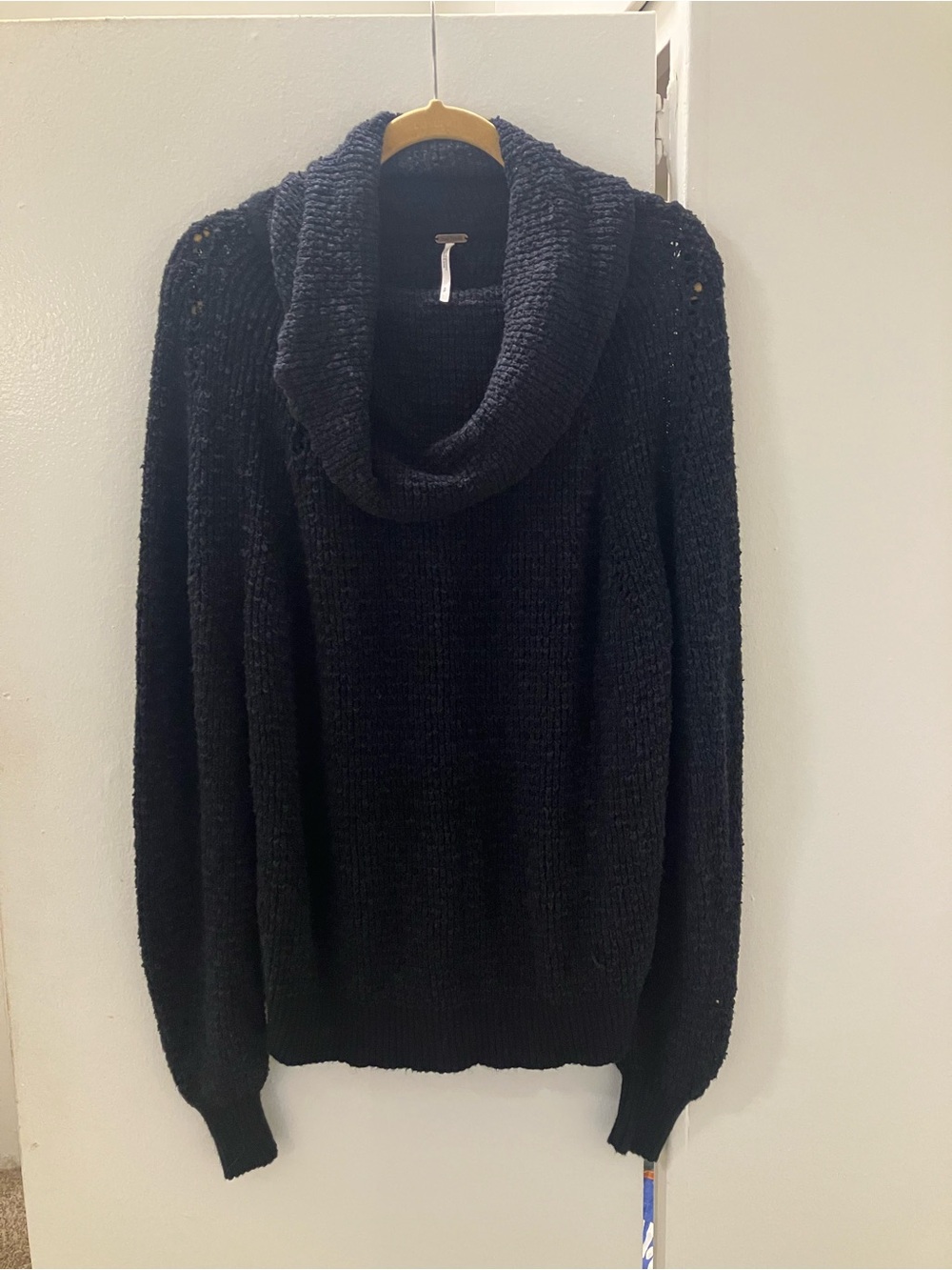 Free People By Your Side Black Textured Cotton Blend Cowl Neck Sweater Sz S USED